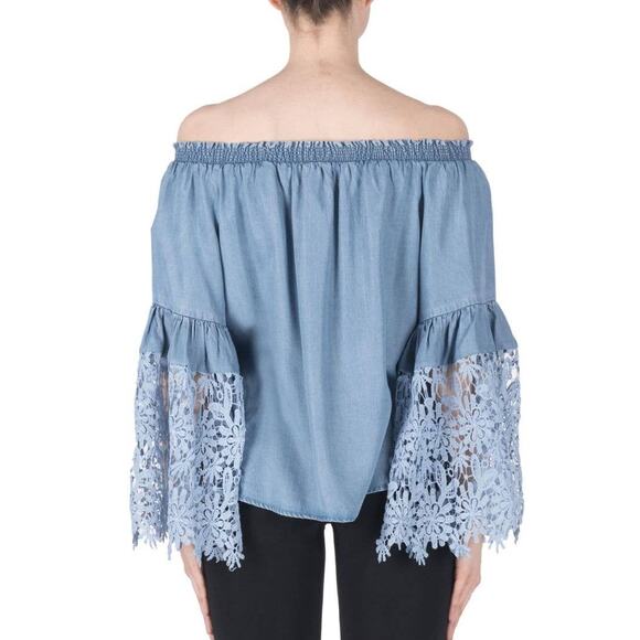 Joseph Ribkoff Blue Off The Shoulder Floral Lace Bell Sleeve Tencel Blouse Sz 12 - Picture 3 of 10